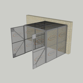 3D image of Nano Clean Mesh-Cell Modular Security Cage showing  model MC-3W-010-Grey with floor area of 2.44m x 2.44m and ceiling height of 2.44m. Back Wall configuration complete with 3 qty sidewall mesh-panel elevations, full height mesh-panel double door and mesh-panel roof in grey paint finish for indoor use.