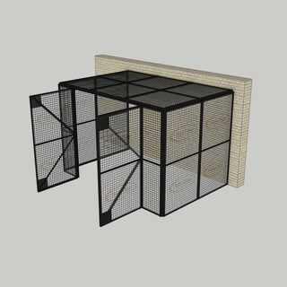 3D image of Nano Clean Mesh-Cell Modular Security Cage showing  model MC-3W-011-Black with floor area of 2.44m x 3.66m and ceiling height of 2.44m. Back Wall configuration complete with 3 qty sidewall mesh-panel elevations, full height mesh-panel double door and mesh-panel roof in black paint finish for indoor use.