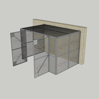 3D image of Nano Clean Mesh-Cell Modular Security Cage showing  model MC-3W-011-Grey with floor area of 2.44m x 3.66m and ceiling height of 2.44m. Back Wall configuration complete with 3 qty sidewall mesh-panel elevations, full height mesh-panel double door and mesh-panel roof in grey paint finish for indoor use.