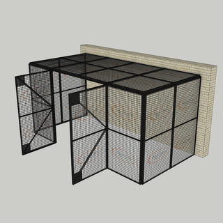 3D image of Nano Clean Mesh-Cell Modular Security Cage showing  model MC-3W-012-Black with floor area of 2.44m x 4.88m and ceiling height of 2.44m. Back Wall configuration complete with 3 qty sidewall mesh-panel elevations, full height mesh-panel double door and mesh-panel roof in black paint finish for indoor use.