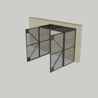 3D image of Nano Clean Mesh-Cell Modular Security Cage showing  model MC-3W-013-Galvanised with floor area of 2.44m x 1.22m and ceiling height of 2.44m. Back Wall configuration complete with 3 qty sidewall mesh-panel elevations, full height mesh-panel double door and mesh-panel roof in galvanised finish for outdoor use.