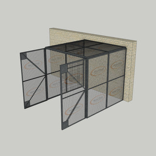 3D image of Nano Clean Mesh-Cell Modular Security Cage showing  model MC-3W-014-Galvanised with floor area of 2.44m x 2.44m and ceiling height of 2.44m. Back Wall configuration complete with 3 qty sidewall mesh-panel elevations, full height mesh-panel double door and mesh-panel roof in galvanised finish for outdoor use.