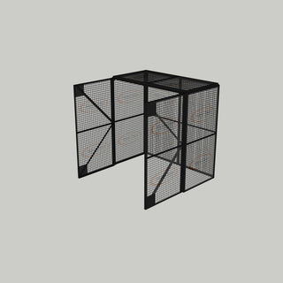 3D image of Nano Clean Mesh-Cell Modular Security Cage showing  model MC-4W-017-Black with floor area of 2.44m x 1.22m and ceiling height of 2.44m. Free Standing configuration complete with 4 qty sidewall mesh-panel elevations, full height mesh-panel double door and mesh-panel roof - in black paint finish for indoor use.