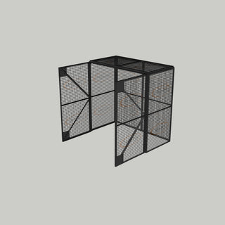 3D image of Nano Clean Mesh-Cell Modular Security Cage showing  model MC-4W-017-Graphite with floor area of 2.44m x 1.22m and ceiling height of 2.44m. Free Standing configuration complete with 4 qty sidewall mesh-panel elevations, full height mesh-panel double door and mesh-panel roof - in graphite paint finish for indoor use.
