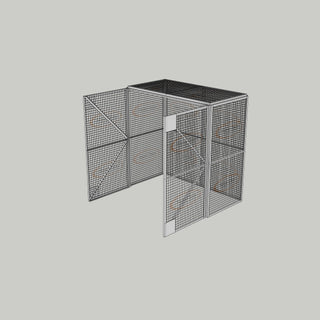 3D image of Nano Clean Mesh-Cell Modular Security Cage showing  model MC-4W-017-White with floor area of 2.44m x 1.22m and ceiling height of 2.44m. Free Standing configuration complete with 4 qty sidewall mesh-panel elevations, full height mesh-panel double door and mesh-panel roof - in white paint finish for indoor use.