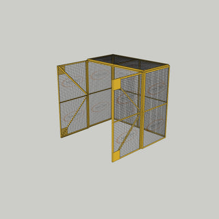3D image of Nano Clean Mesh-Cell Modular Security Cage showing  model MC-4W-017-Yellow with floor area of 2.44m x 1.22m and ceiling height of 2.44m. Free Standing configuration complete with 4 qty sidewall mesh-panel elevations, full height mesh-panel double door and mesh-panel roof- in yellow paint finish for indoor use.