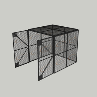 3D image of Nano Clean Mesh-Cell Modular Security Cage showing  model MC-4W-018-Graphite with floor area of 2.44m x 2.44m and ceiling height of 2.44m. Free Standing configuration complete with 4 qty sidewall mesh-panel elevations, full height mesh-panel double door and mesh-panel roof - in graphite paint finish for indoor use.