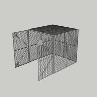 3D image of Nano Clean Mesh-Cell Modular Security Cage showing  model MC-4W-018-Grey with floor area of 2.44m x 2.44m and ceiling height of 2.44m. Free Standing configuration complete with 4 qty sidewall mesh-panel elevations, full height mesh-panel double door and mesh-panel roof - in grey paint finish for indoor use.