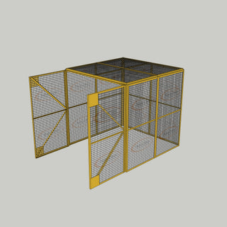 3D image of Nano Clean Mesh-Cell Modular Security Cage showing  model MC-4W-018-Yellow with floor area of 2.44m x 2.44m and ceiling height of 2.44m. Free Standing configuration complete with 4 qty sidewall mesh-panel elevations, full height mesh-panel double door and mesh-panel roof- in yellow paint finish for indoor use.