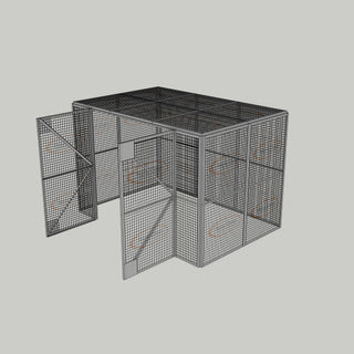 3D image of Nano Clean Mesh-Cell Modular Security Cage showing  model MC-4W-019-Grey with floor area of 2.44m x 3.66m and ceiling height of 2.44m. Free Standing configuration complete with 4 qty sidewall mesh-panel elevations, full height mesh-panel double door and mesh-panel roof - in grey paint finish for indoor use.