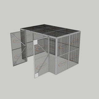 3D image of Nano Clean Mesh-Cell Modular Security Cage showing  model MC-4W-019-White with floor area of 2.44m x 3.66m and ceiling height of 2.44m. Free Standing configuration complete with 4 qty sidewall mesh-panel elevations, full height mesh-panel double door and mesh-panel roof - in white paint finish for indoor use.