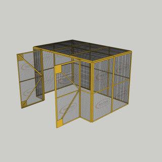 3D image of Nano Clean Mesh-Cell Modular Security Cage showing  model MC-4W-019-Yellow with floor area of 2.44m x 3.66m and ceiling height of 2.44m. Free Standing configuration complete with 4 qty sidewall mesh-panel elevations, full height mesh-panel double door and mesh-panel roof - in yellow paint finish for indoor use.