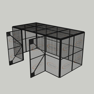 3D image of Nano Clean Mesh-Cell Modular Security Cage showing  model MC-4W-020-Black with floor area of 2.44m x 4.88m and ceiling height of 2.44m. Free Standing configuration complete with 4 qty sidewall mesh-panel elevations, full height mesh-panel double door and mesh-panel roof - in black paint finish for indoor use.
