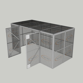 3D image of Nano Clean Mesh-Cell Modular Security Cage showing  model MC-4W-020-White with floor area of 2.44m x 4.88m and ceiling height of 2.44m. Free Standing configuration complete with 4 qty sidewall mesh-panel elevations, full height mesh-panel double door and mesh-panel roof - in white paint finish for indoor use.