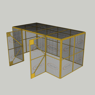 3D image of Nano Clean Mesh-Cell Modular Security Cage showing  model MC-4W-020-Yellow with floor area of 2.44m x 4.88m and ceiling height of 2.44m. Free Standing configuration complete with 4 qty sidewall mesh-panel elevations, full height mesh-panel double door and mesh-panel roof - in yellow paint finish for indoor use.