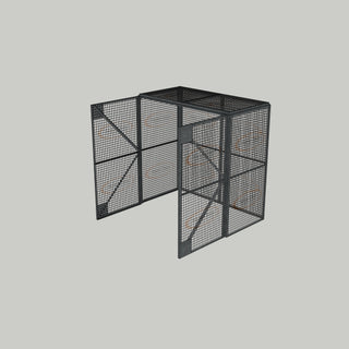 3D image of Nano Clean Mesh-Cell Modular Security Cage showing  model MC-4W-021-Galvanised with floor area of 2.44m x 1.22m and ceiling height of 2.44m. Free Standing configuration complete with 4 qty sidewall mesh-panel elevations, full height mesh-panel double door and mesh-panel roof - in galvanised finish for outdoor use.