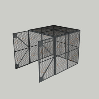 3D image of Nano Clean Mesh-Cell Modular Security Cage showing  model MC-4W-022-Galvanised with floor area of 2.44m x 2.44m and ceiling height of 2.44m. Free Standing configuration complete with 4 qty sidewall mesh-panel elevations, full height mesh-panel double door and mesh-panel roof - in galvanised finish for outdoor use.