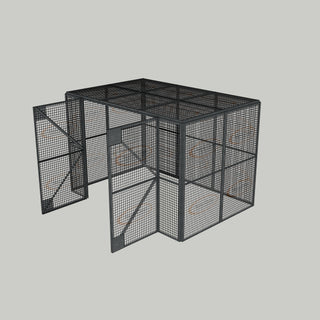 3D image of Nano Clean Mesh-Cell Modular Security Cage showing  model MC-4W-023-Galvanised with floor area of 2.44m x 3.66m and ceiling height of 2.44m. Free Standing configuration complete with 4 qty sidewall mesh-panel elevations, full height mesh-panel double door and mesh-panel roof - in galvanised finish for outdoor use.