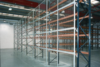Anti-collapse mesh panel system protects personnel from falling items adjacent to racking.