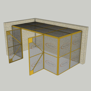 3D model of a 2.44m x 4.88m x 2.44m Nano Clean Mesh-Cell Security Cage with yellow powder coat finish in a corner installation against parent brick walls 