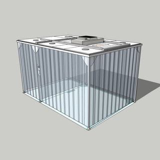 3D model of a Nano Clean CleanCell 1.4 Softwall Cleanroom (with Lobby) showing floor fixed CleanCell 1.4/335L-F-SVC with perimeter strip vinyl curtains